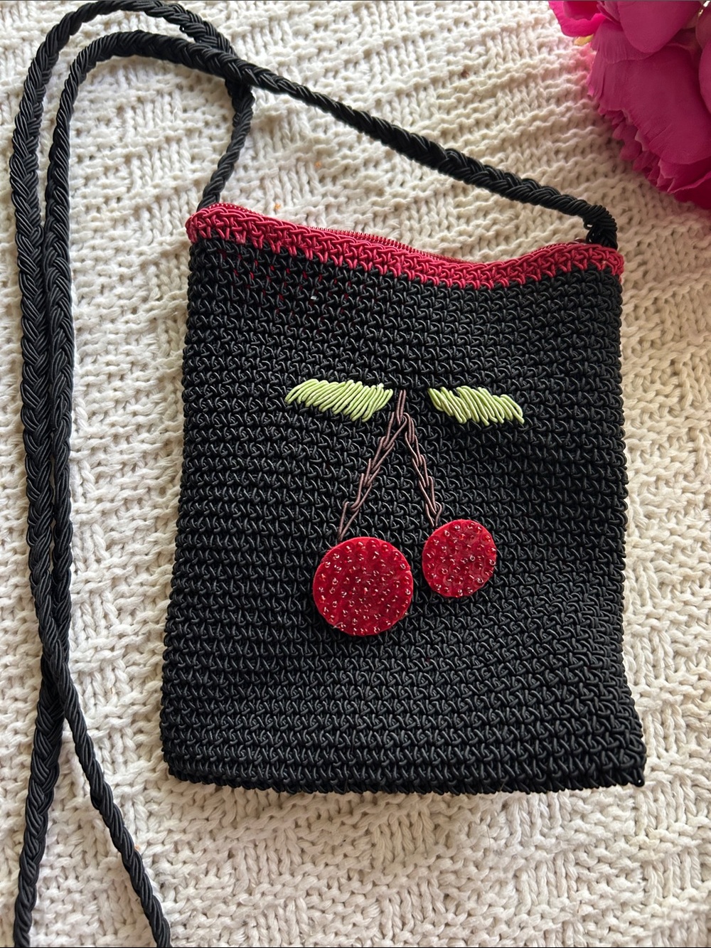 Xhilaration Black Woven Crossbody Bag with Red Cherry Detail